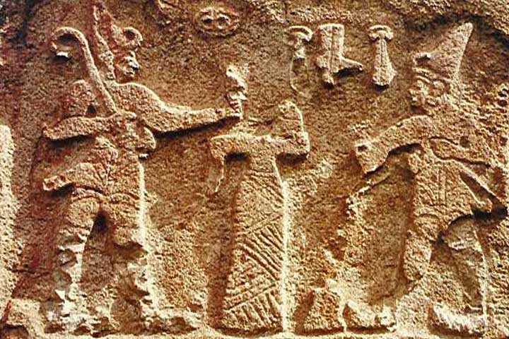 The Great King Hattusili III, offering a libation to the Weather God